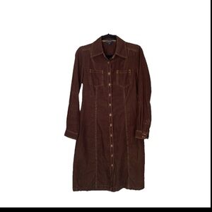 Boden Brown Button Front Shirt Dress Size 10R Long Sleeve Contrast Stitching E-1
